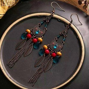 Bohemian dangle earrings antiqued copper multicolored stone jewels feather